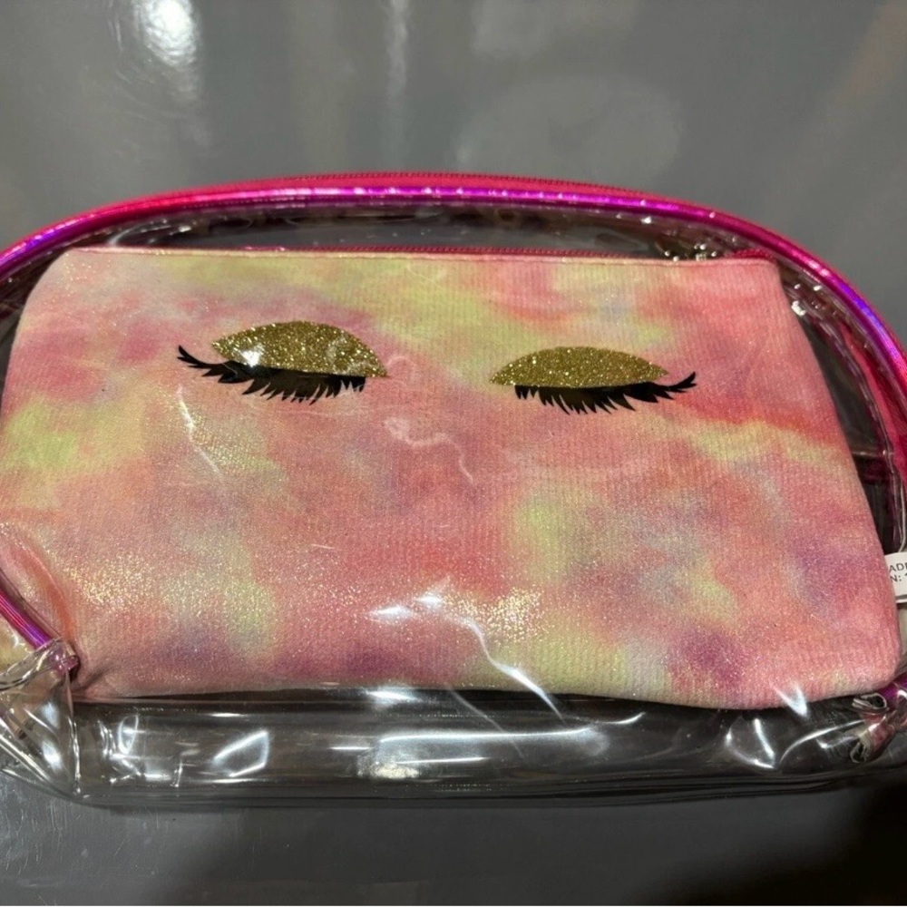 Pink Tie-Dye Cosmetic Bag with Gold Eyelash Design
